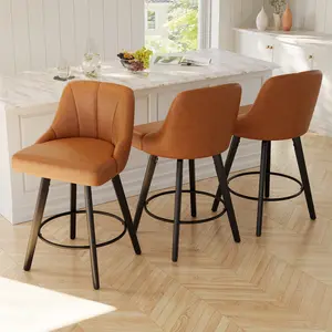 25" Swivel Bar Stools Set of 3 PU Leather Counter Height Bar Stools with Back, Fabric Swivel Counter Stool with Wooden Legs & Metal Footrest, Upholstered Bar Chairs for Kitchen Island, Bar, 350Lbs