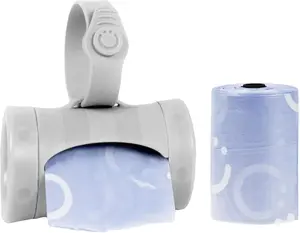 Retractable On the Go Bag Dispenser for Travel Diaper Bag Accessory Must Have for Newborn Lavender Scented Gray with 24 Bags & Silicone Strap