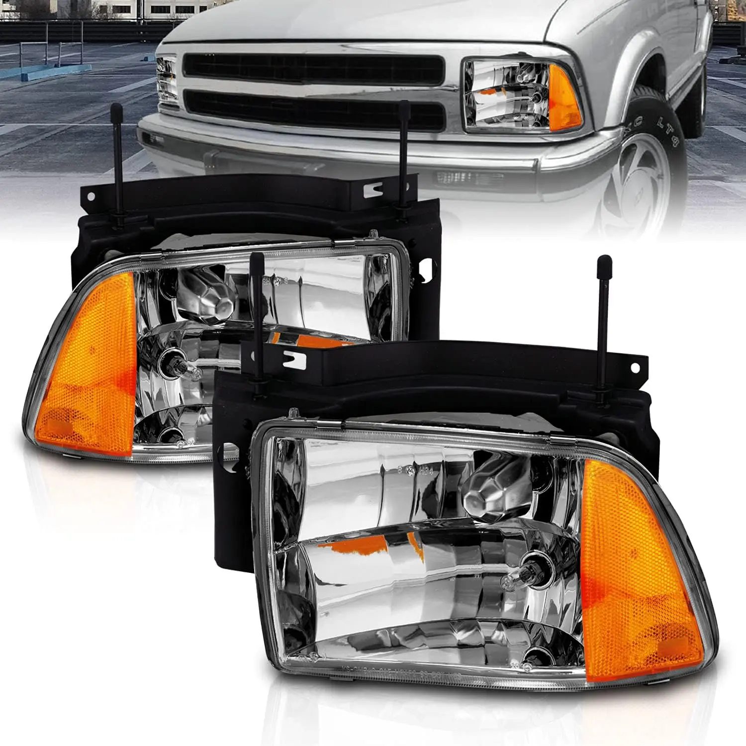 AmeriLite for 1995-1997 Chevy Blazer SUV Euro Crystal Amber Reflector Replacement Headlights Pair w/Bulbs - Passenger and Driver Side