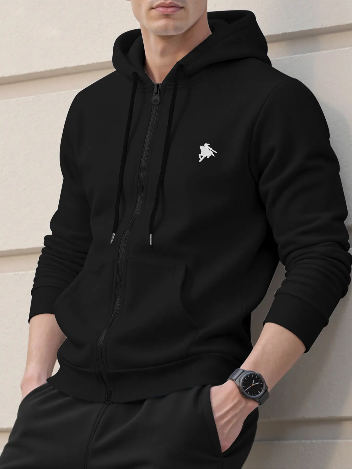 Men's Hooded Sweatshirt Knight Embroidery Design, Casual Fitted Long Sleeve Top for Fall & Winter Outdoor Sports Activities