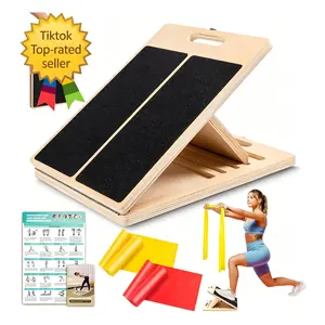 Homhut Heavy Duty Adjustable Wooden Slant Board With 2 elastic bands Home Fitness Calf Ankle Heel Stretch Trainer Squat Auxiliary Leg Flexibility Equipment