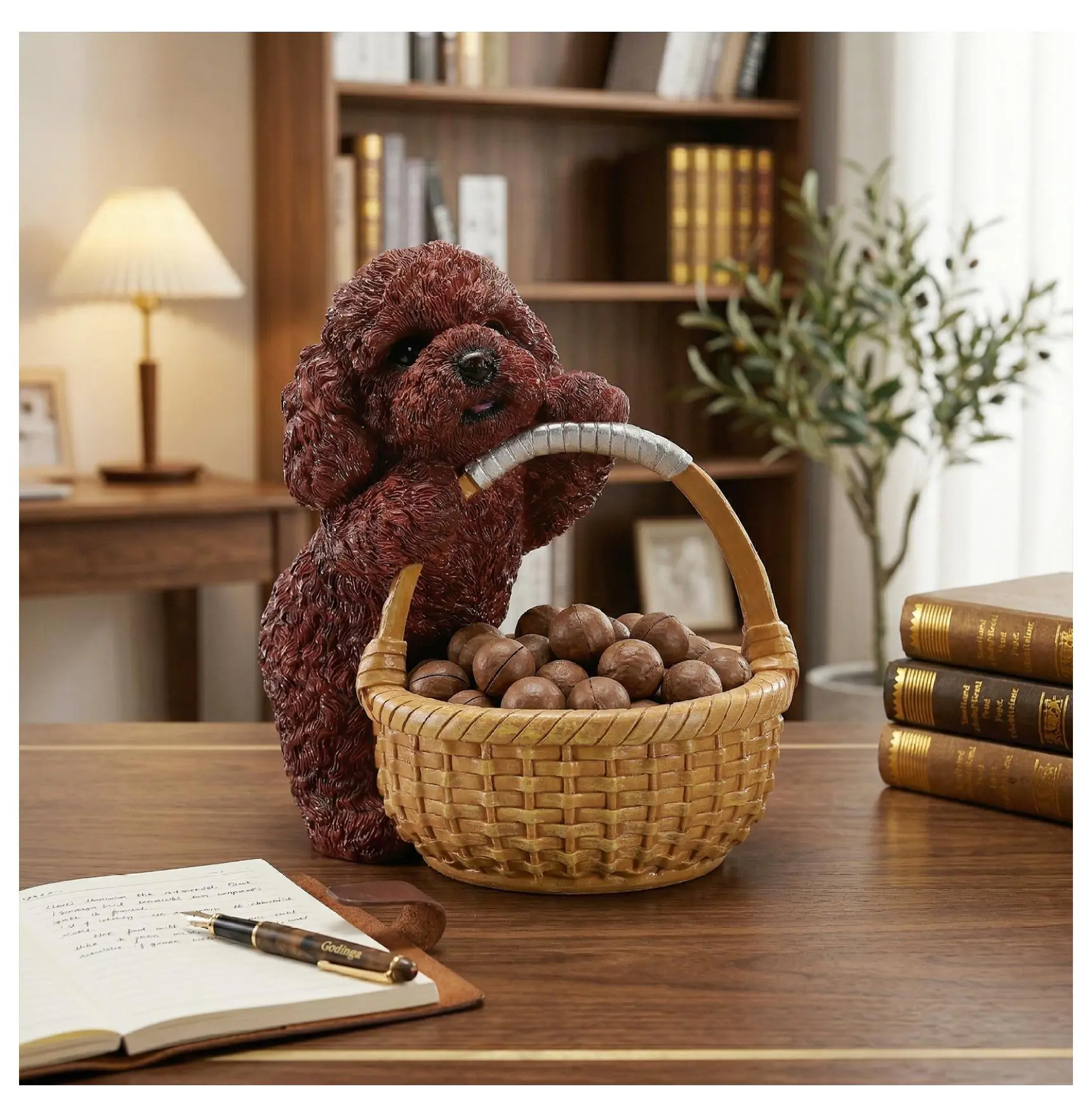 Resin Reddish-Brown Poodle Puppy Statue - 8 Inches Height Decorative Cute Collectibles, Curly Fur Realistic Animal Sculpture, Bedroom Key & Jewelry Holder Home Decor Gift, Farmhouse, Ornaments