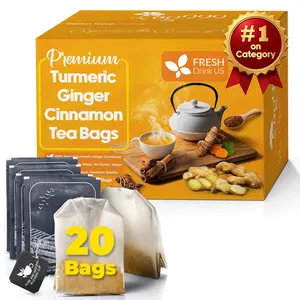 Premium 20 Tea Bags Turmeric, Ginger, Cinnamon, 100% Natural, Hand-made Blend of Turmeric, Ginger, and Cinnamon Herbal Tea. Eco-conscious Tea Bags. No Sugar, No Caffeine, No Gluten, Vegan.