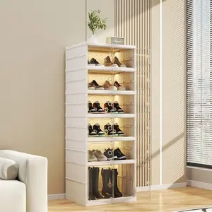 No Installation Folding Shoe Cabinet, Plastic Shoe Box for Living Room & Bedroom, Double Row Shoe Organizer, One Pull Forming Storage Rack