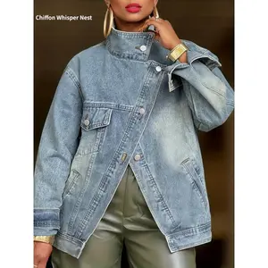 Women's Vintage Washed High Neck Asymmetric Button Loose Denim Jacket Street Style Fashion Versatile Top Suitable for Spring, Autumn, and Winter Outerwear
