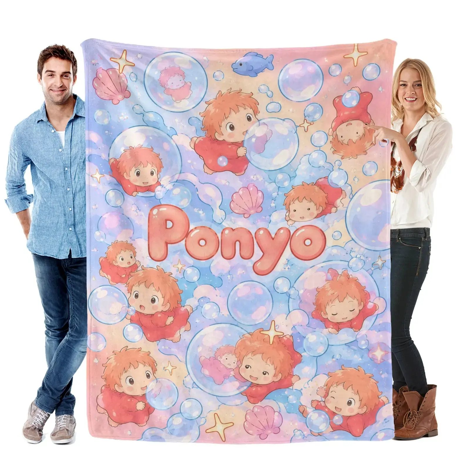 Ponyo Cartoon Printed Flannel Throw Blanket - Fuzzy Soft, Cozy, Warm Decorative Sofa Blanket for Bedroom, Travel, Giftable Home Textile, Cartoon Printed Blanket
