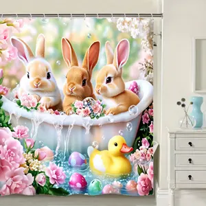 Easter Bunny Shower Curtain Bathroom Set, Machine Washable, Shower Curtain Set with 12 Hooks, Spring Decoration