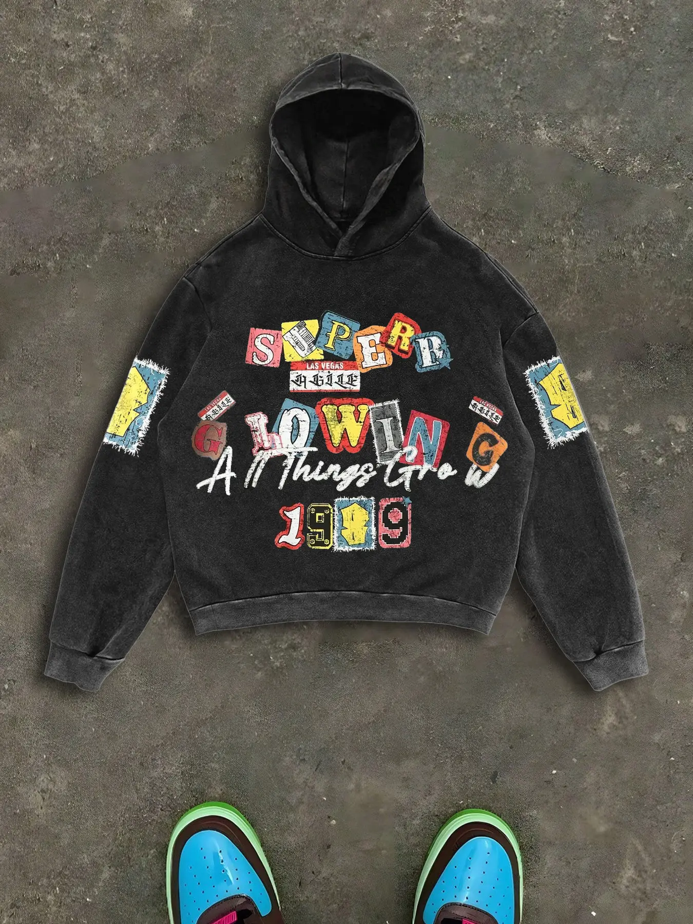 Men's Vintage Street Style Loose Hoodie, Patchwork Print Design, Comfortable Casual Wear for Daily & Outdoor Activities