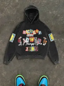 Men's Vintage Street Style Loose Hoodie, Patchwork Print Design, Comfortable Casual Wear for Daily & Outdoor Activities