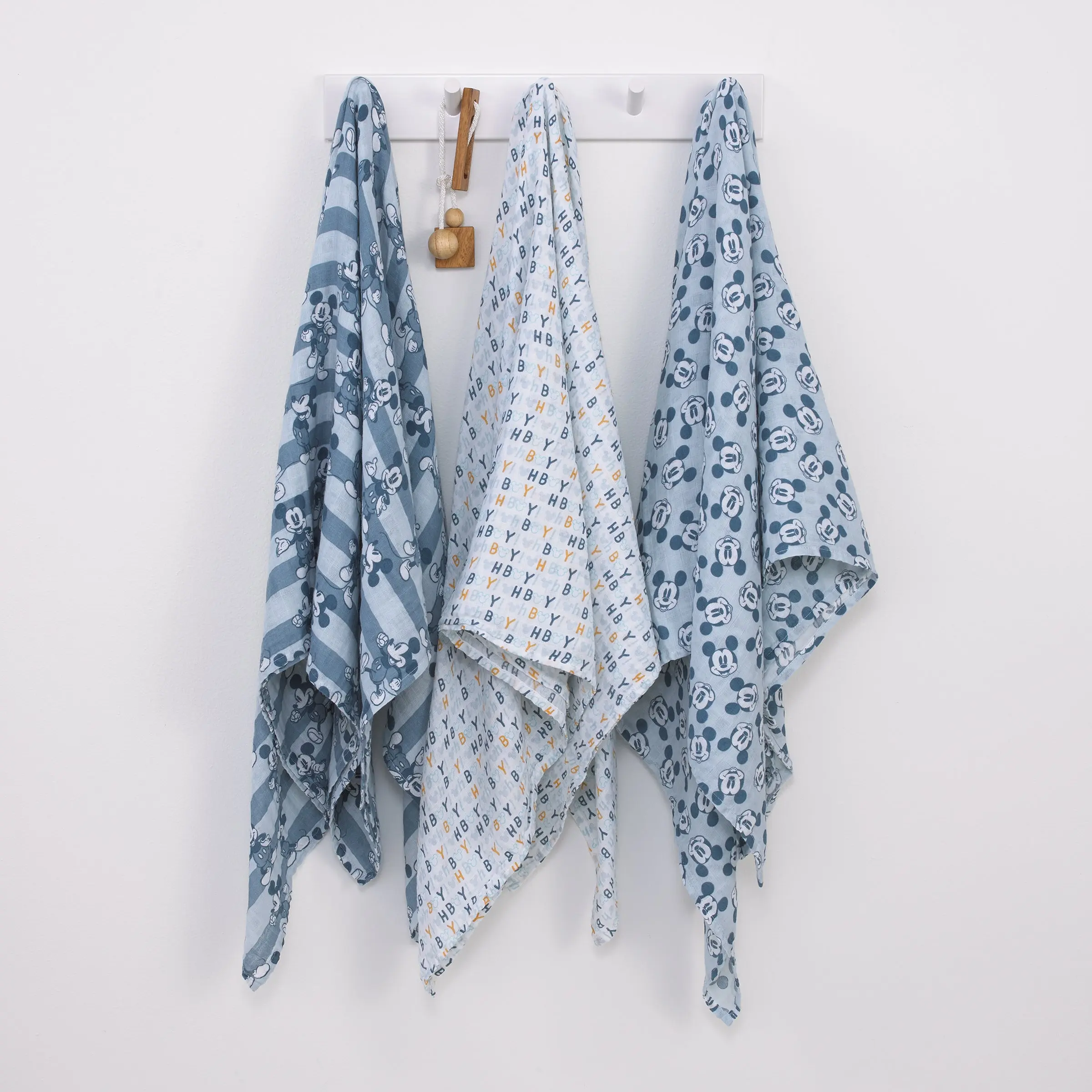 Disney Mickey Mouse Gray, Charcoal, and White 3 Piece Muslin Swaddle Baby Blanket Set