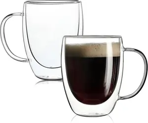 2 Pack Double Walled Glass Coffee Mugs with Handles, 12oz Clear Borosilicate Mugs, Perfect for Cappuccino, Tea, Microwave Safe Drinkware Bottles