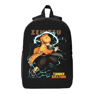 Demon Slayer Zenitsu Backpack – Black Casual Bag with Thunder Breathing Zenitsu Print, Featuring "ZENITSU" & "THUNDER BREATHING" Text, Durable Anime-Inspired Backpack for Fans, Ideal for School/Daily Use