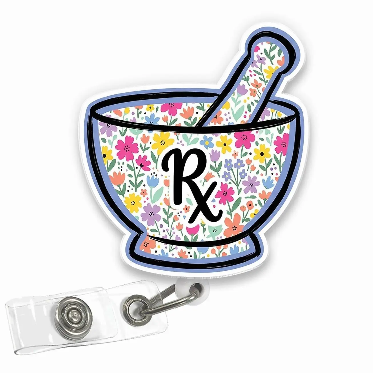 Mortar and Pestle Badge Reel Floral Pharmacy Pharmacist Acrylic Retractable ID Holder with Clip Gift for Pharmacy Tech Nurse Doctor Student VK0Z 47I
