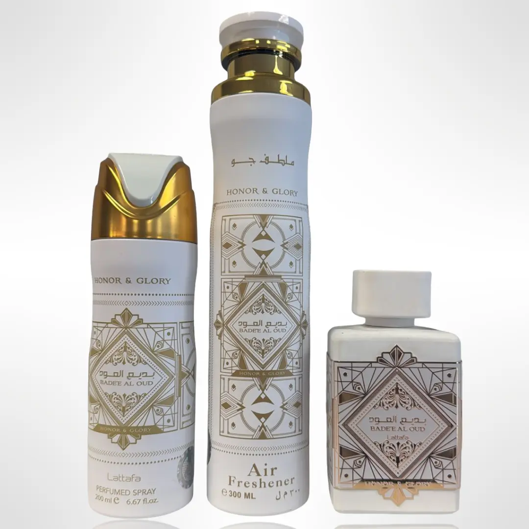 Lattafa Badee Al Oud Honor & Glory Unisex Gift Bundle - Antitranspirant Men's Fragrance, Moss-Vanilla Scented Woody Aromatic Home Fragrances Aroma Spray