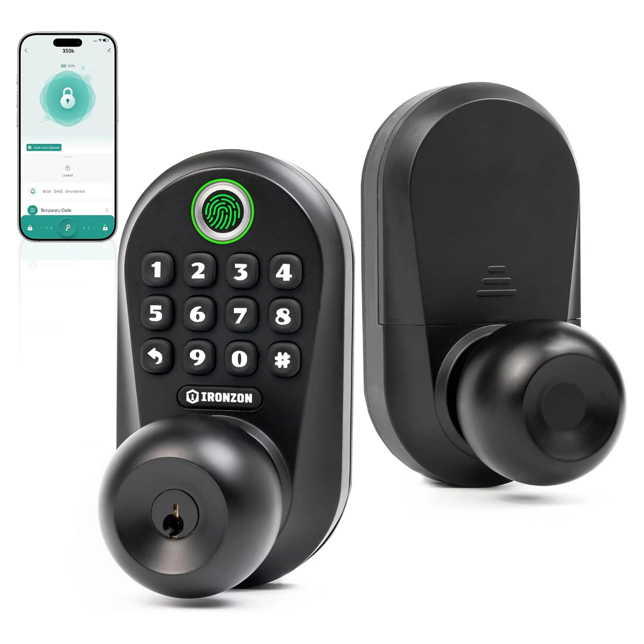 Smart Fingerprint Door Knob Lock, 5‑in‑1 Keyless Entry(Fingerprint, Passcode Keypad, Thumb Turn, App Control, Physical Key), Local Privacy Data Storage, Auto‑Lock Easy Install for US Interior Front Door Garage‑IRONZON