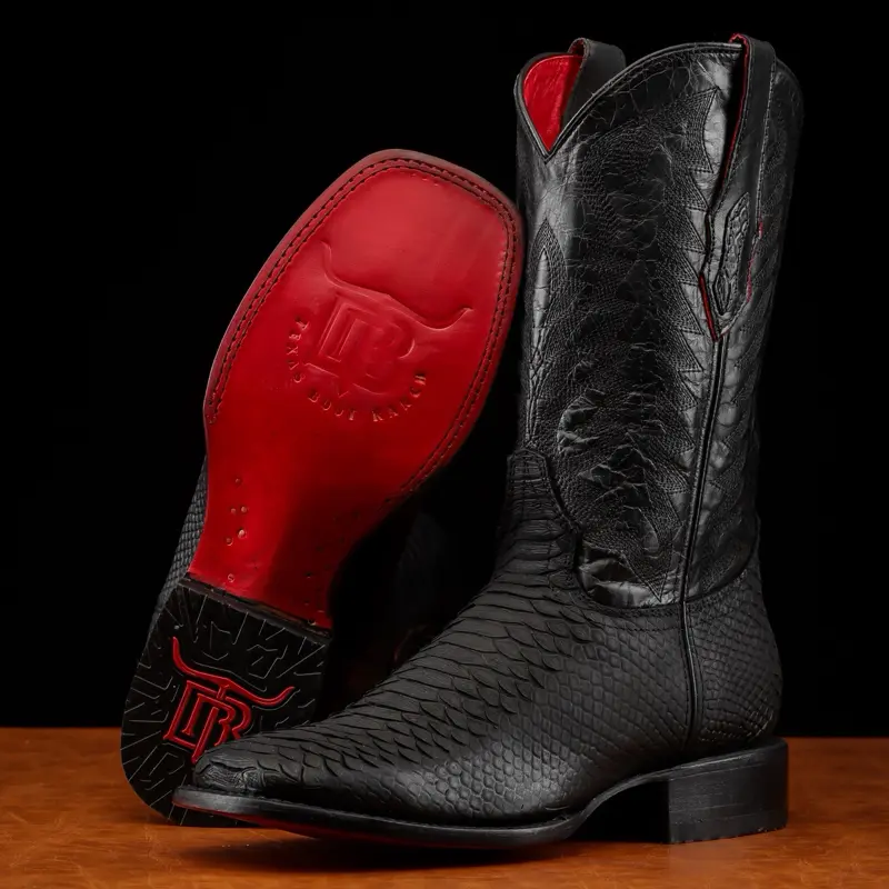 Matte Black Python Print Leather Boots - Square Toe