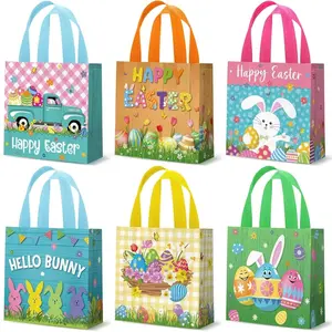 12 Pcs Easter Gift Bags Bulk Reusable Cute Easter Tote Bags with Handles Bunny Eggs Non Woven Holiday Goodie Basket for Egg Hunt Game Party Favors, 7.8 x 7.8 x 3.5 Inch