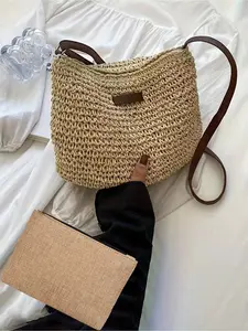 Straw woven bag, women's summer beach handbag, large-capacity crossbody bag, comes with a yellow linen cosmetic bag and toiletry bag, hand-woven crossbody bag, portable keychain bag