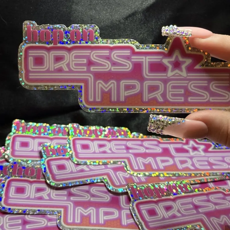 Hop On Dress to Impress Glitter Sticker - Holographic, 4.87" x 2", Scratch Proof & Waterproof, Perfect for Gifts for Kids & Teens