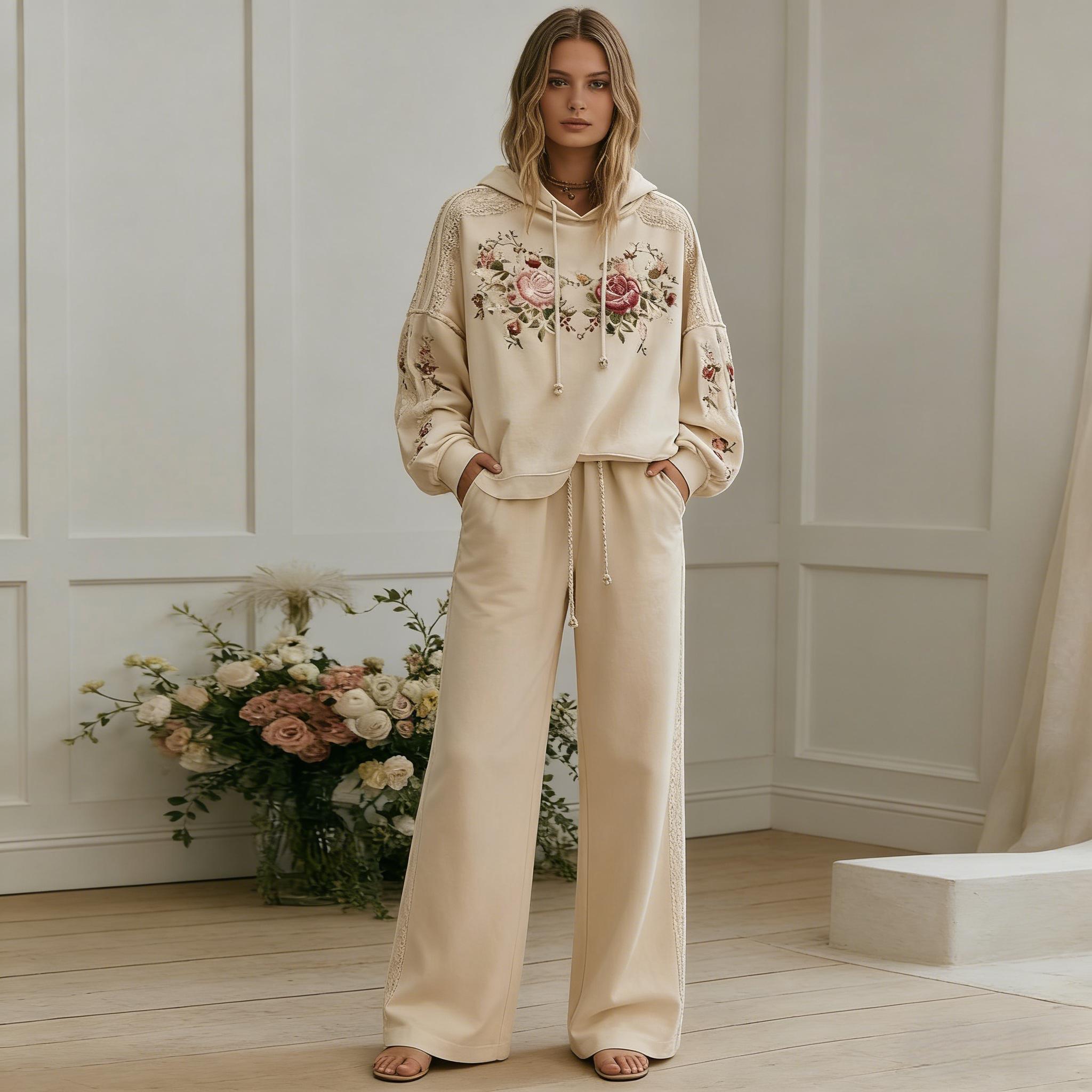 Vintage Beige Floral Embroidered Hoodie, Lace Patchwork Oversized Pullover, Boho Cottagecore Aesthetic Sweatshirt, Romantic Rose Embroidery Casual Streetwear for Women