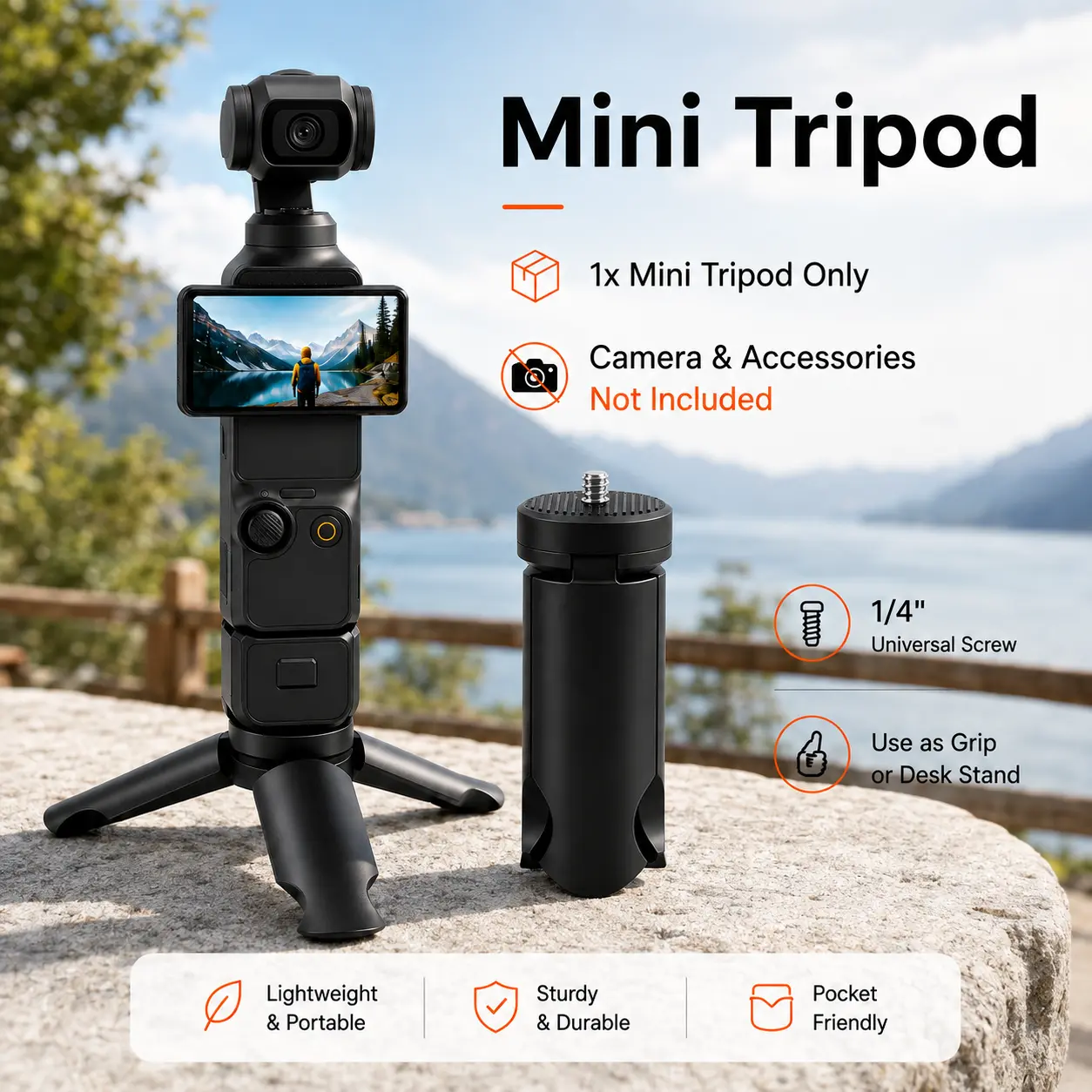 Ultra-Light Portable Mini Tripod for DJI Pocket 3 & Xtra Muse Action Cameras, Digital Camera Accessory with 1/4" Standard Screw, Silicone Anti-Scratch Pad, Sturdy ABS Support, 1.06 oz Pocket Photo Gear for Vlogging Filming Setup, Vlogging Equipment