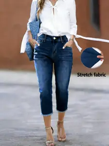 Women's Denim Jean Capri Pants, Seven-Quarter Leg, Frayed Hem, Classic Fashion Elegant, Suitable for Spring Summer Fall