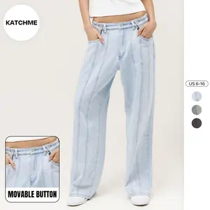 KatchMe Women's Street Mid-Rise Adjustable Button Lines Modify Wide Leg Jeans, Leisure Baggy Jeans Outfits, Versatile Women's Bottom,Classy Streetwear