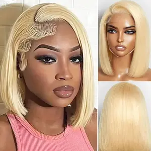 613 Blonde Bob Wig with Human Hair, 13X4 HD Transparent Lace Front Wig with Baby Hair, Wig for Wearing and Removing Adhesive, Honey Blonde Short Bob Lace Front Wig Suitable for Women
