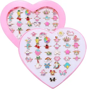 36pcs Little Girl Jewel Rings, Adjustable Unicorn Rings Toys, No Duplication Kids Play Ring in Box,Dress Up for 4-12 Year Old Girls, Birthday Christmas Valentine's Day Holiday Gifts