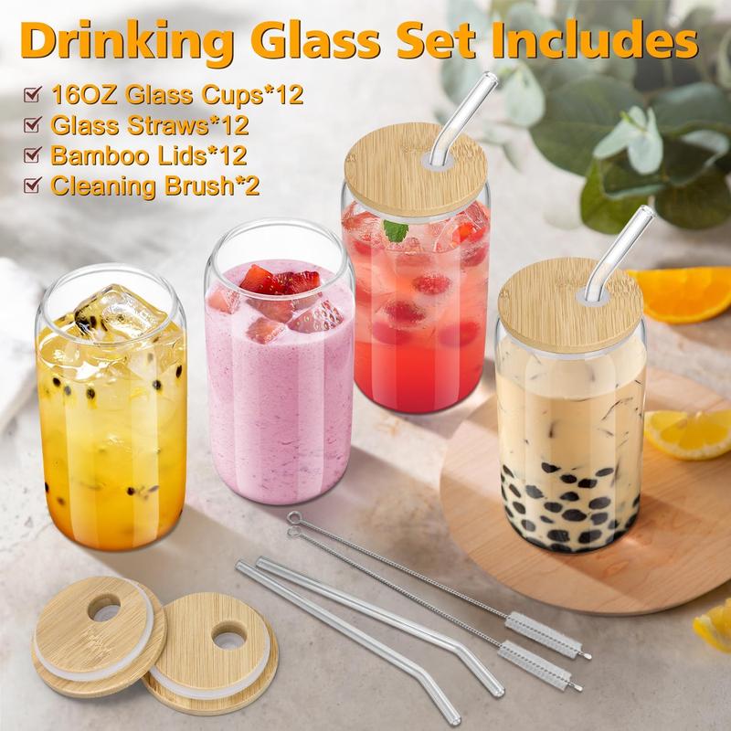 12 Pack 16oz Clear Round Glass Cups with Bamboo Lids Bent Straws Brushes Large Capacity Home Office Beverage Cup Set