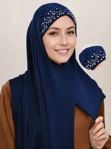 Women's Breathable Modest Hijab Scarf, Plain Patchwork Design, Rhinestone Embellished, All-Season Fashion Accessory, Perfect for Abaya