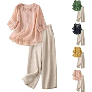 flowy tops Linen Sets for Women 2 Piece Plus Size Summer 3/4 Sleeve Shirts Wide Leg Pants Work Suits Lounge Outfits Loose Fit