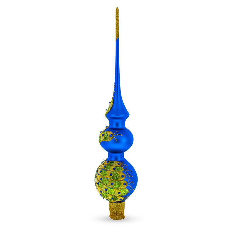 Peacock Double Ball Mouth Blown Glass Christmas Tree Topper 16 Inches