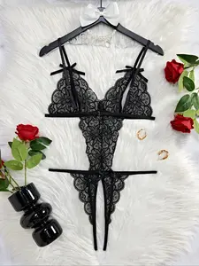 [Plus Size] Women's Solid Color Lace Scallop Trim Bow Decor Cami Lingerie Bodysuit, Sexy Adjustable Spaghetti Strap Backless Open Crotch Lingerie for Women, Women's Sleepwear & Loungewear for All Seasons, Lingerie Lace Nightwear