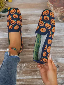 High-Quality Halloween Knit Rubber Slip-On Shoes, Pumpkin Pattern, Large Size Women's Single Shoe, Perfect for Halloween Atmosphere