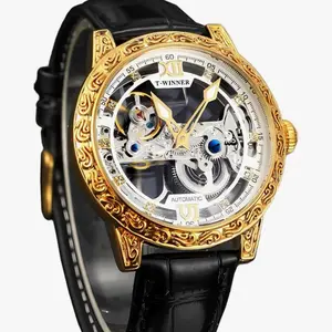 T-WINNER FORSINING Men's Vintage Mechanical Self-wind Watch with Gorgeous Carving Totem Bezel Luxury Double-sided Hallow Skeleton Dial & Diamond Scale Automatic Watches Big Dial Leather Strap Wristwatch