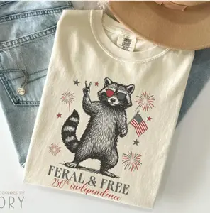 4th of July Shirt, USA 250th Anniversary Comfort Colors® Feral but Free Patriotic Raccoon America 250th Anniversary T-Shirt