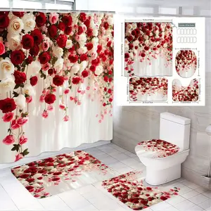 1/4pcs Valentine's Day Bathroom Set, Red & White Rose Floral Shower Curtain Sets with Toilet Seat Cover & 2 Rose Petal Rugs, White Background Bathroom Decor for Romantic Home & Garden Decorations