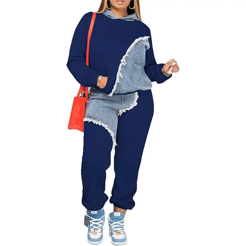 Women's Long Sleeve Casual Hooded Sweatshirt + Pants Two-Piece Set with Pockets Patchwork Denim Tracksuit Clothes Womenswear
