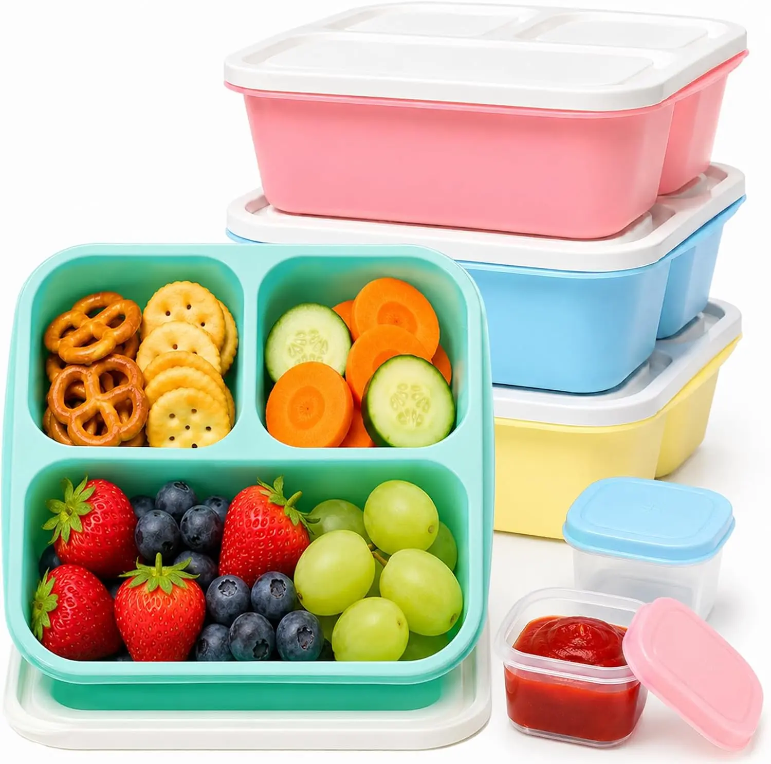 Bento Box Snack Containers, 3 Compartment Lunch Containers for Adults, Reusable Stackable Meal Prep & Food Storage Containers with Leakproof Sauce Cups, 4 Pack