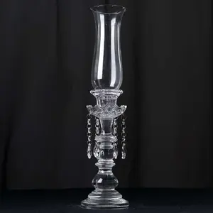 Crystal Glass Hurricane Candle Taper Candlestick Holder, Decorative Piece With Chandelier Chains 20"