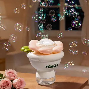 Flower-shaped fully automatic bubble machine with multi-hole bubble dispensing and leak-proof design, featuring  LED soft glow night light for outdoor parties and weddings to create a bubble-filled atmosphere