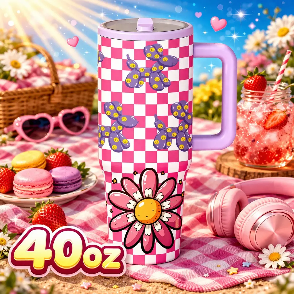 1Pc 40oz insulated mug, Vacuum Flask, checkerboard floral balloon dog print, pastel tumbler, double wall vacuum cup, leak proof lid, large capacity thermal mug, keeps hot 12 hours cold 24 hours, trendy gift for women men, birthday gift