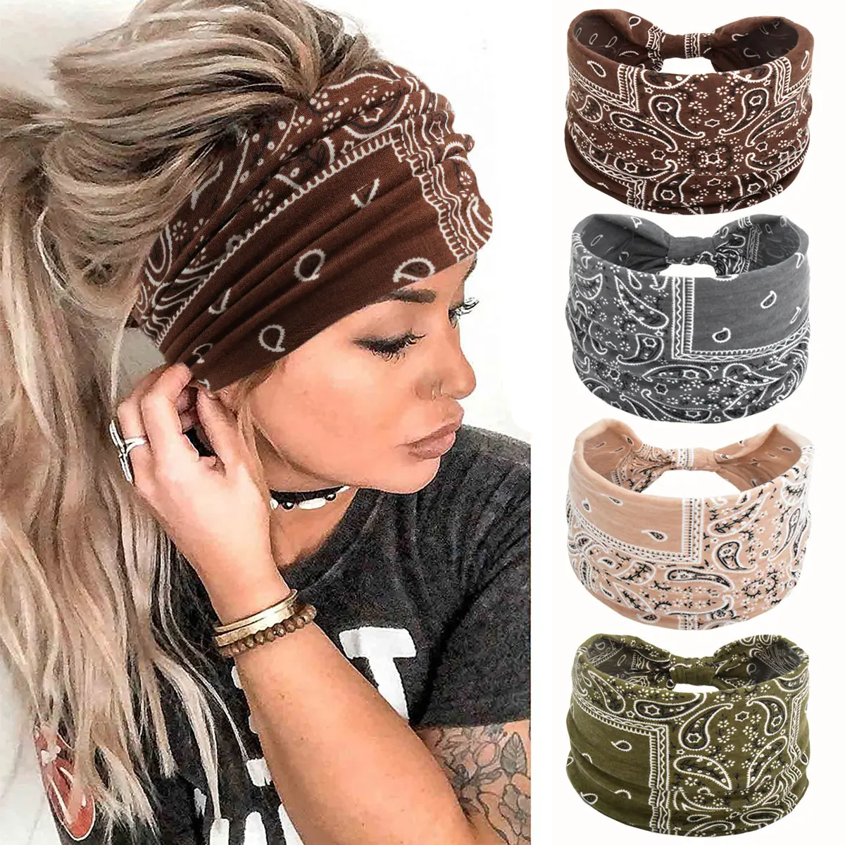 Boho Floral Headbands for Women, Wide Boho Wrap in Soft Cotton Blend, Non-Slip Sweat-Wicking Band for Yoga & Fitness, Boho Floral Look