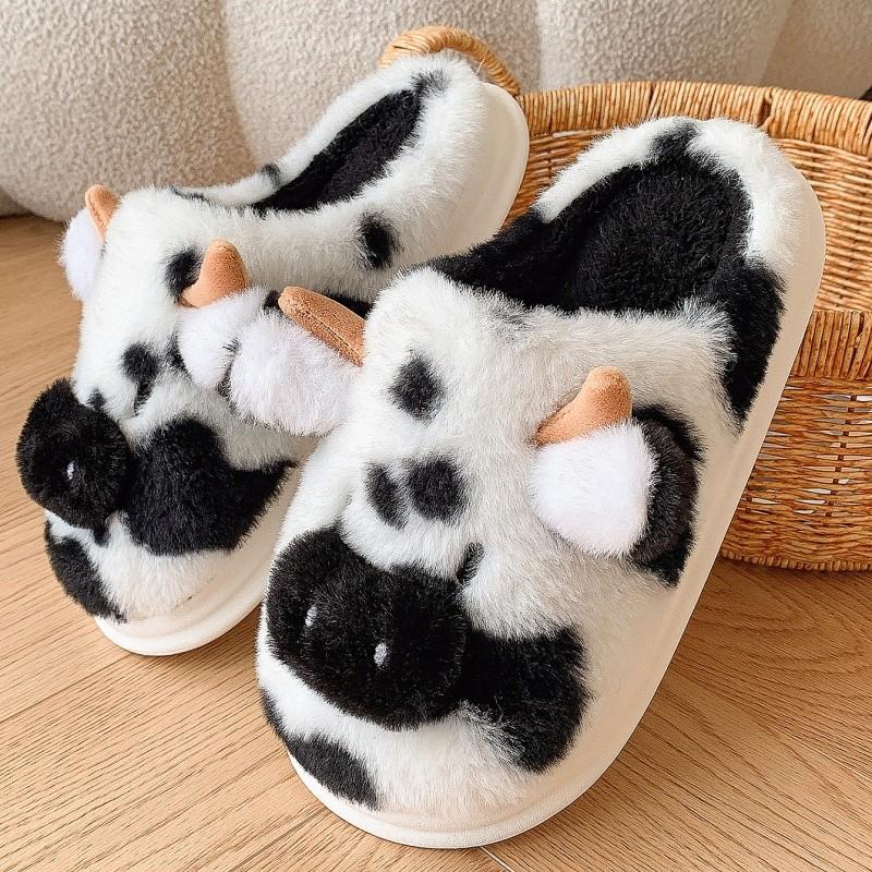 Slippers Warm Cow Print Cotton Slippers Men Women Thick Sole Anti Slip Indoor Home Shoes Flipflop Footwear Girl