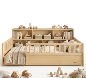Floor  with Integrated Bookcase ,Fence Guardrails  , Toddler & Kids Floor  with Open Entry, Pine Wood Kids  Fram closet nursery  Bed Montessori boy girl