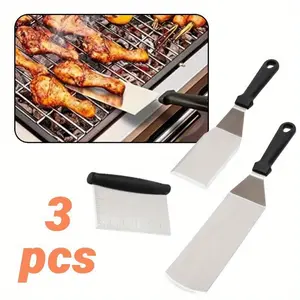 3 Pcs Professional Chef Griddle Spatulas Set,Including Metal Spatula Stainless Steel and Scraper,Heavy Duty Accessories for Cast Iron BBQ Flat Top Grill Skillet Pan Plastic Sturdy