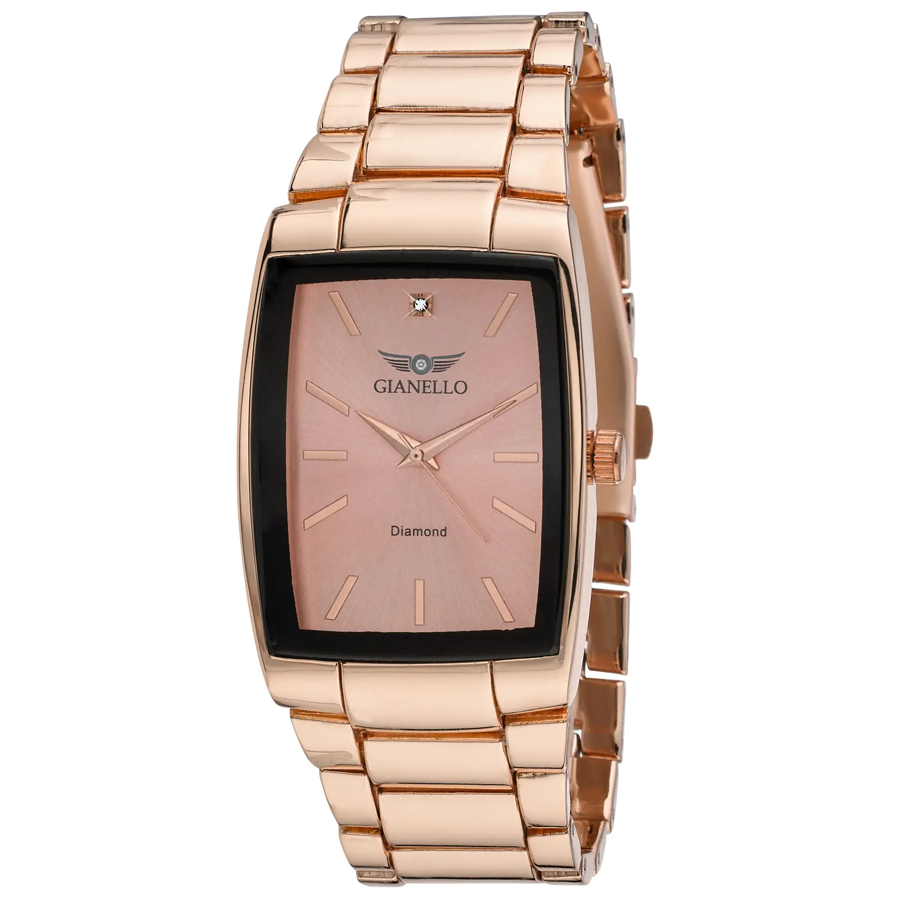 Gianello Men's Genuine Diamond Dial Tank Case Stainless Steel Link Watch