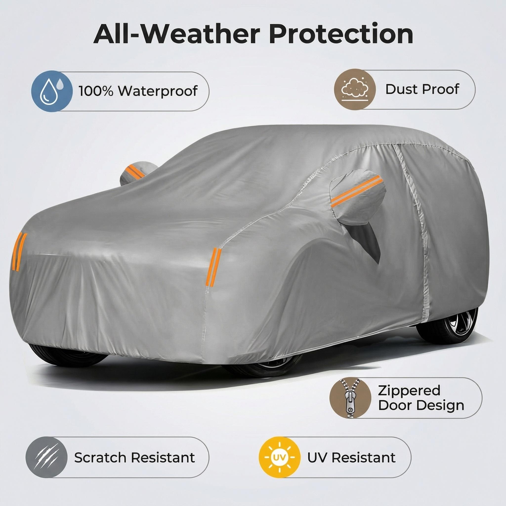 Universal Full Car Cover,Zipper Door Design,Waterproof,Dustproof,UV Protection,Scratch Resistant,Reflective Strips,for All Weather Car Body Protection,Outdoor Parking and Garage Use,Car Stuff