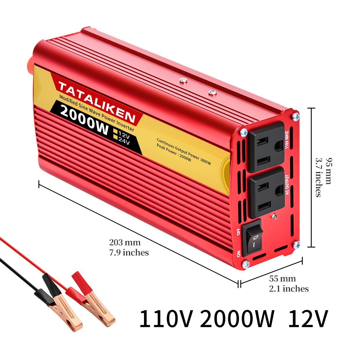 Power inverter modified sine wave 2000W, DC 12V/24V to AC 110V, dual US-regulated sockets, suitable for mobile phones, laptops, family camping, and convenient travel artifact!